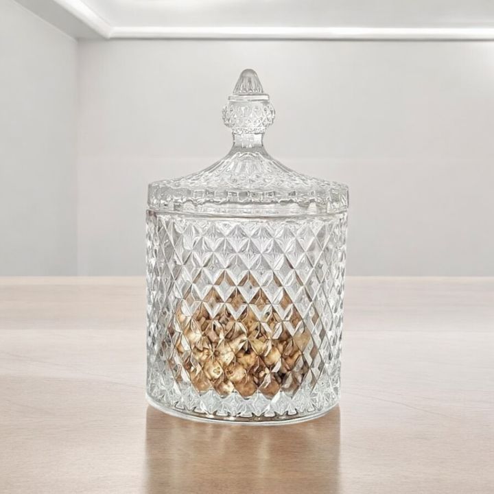 "Crystal Candy Box with Lid, Small Size Clear Soda Lime Glass, Ideal for Candy, Spice, and Food Storage, Features Beautiful Weave Design, Transparent for Easy Viewing, Includes Glass Lid, 1 Piece Mini Size"