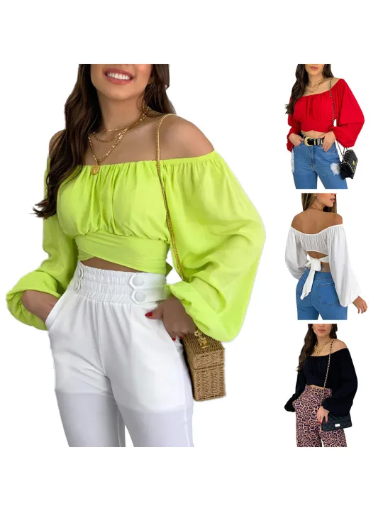 Women%E2%80%99s%20Off%20Shoulder%20Crop%20Tops,%20Long%20Sleeve%20Solid%20Color%20Tie%20Knot%20Back%20Ruched%20T-Shirts%20-%20Image%204