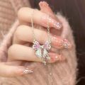 New Fashion Y2K Pink Crystal Bow Knot Pendant Necklaces Sparkling Zircon Heart Girls Fairy Sweet Clavicle Chain Women Jewelry.