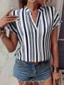 Europe and the United States women's summer multi-colored striped casual shirt V-neck short sleeve.