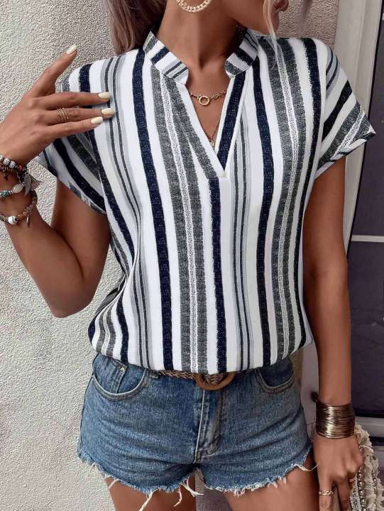 Europe%20and%20the%20United%20States%20women's%20summer%20multi-colored%20striped%20casual%20shirt%20V-neck%20short%20sleeve%20-%20Image%204