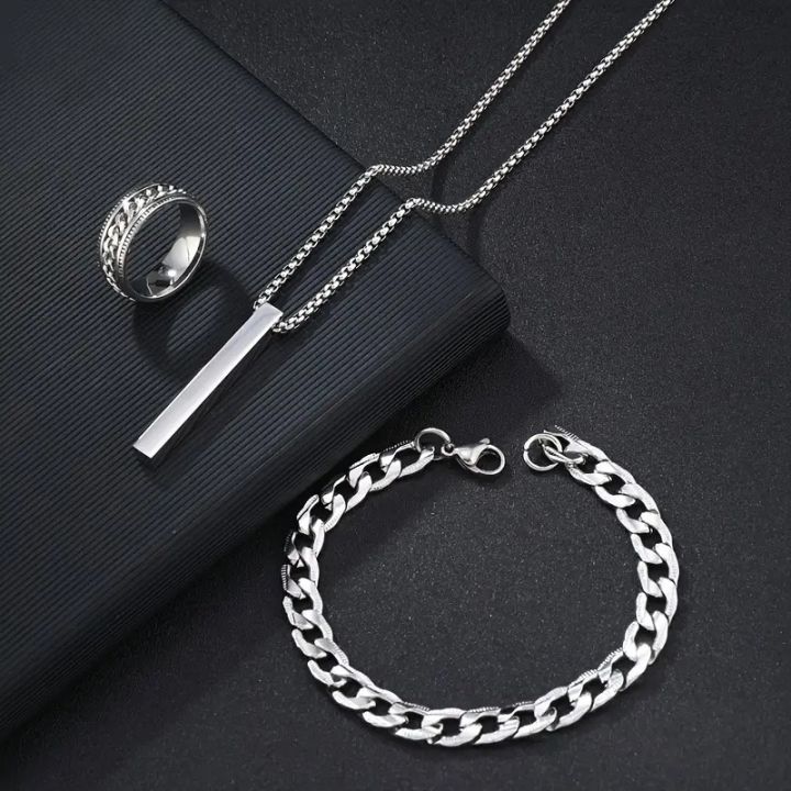 New%203pcs/set%20Mens%20Stainless%20Steel%20Glamour%20Bracelet%20Ring%20&%20Necklace%20Set%20for%20Men%20-%20Image%202