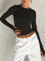 Fashion Women T-shirt Long Sleeve Crew Neck Solid Slim Fit Ladies Crop Top with Thumb Holes for Daily Streetwear Summer Camis. 