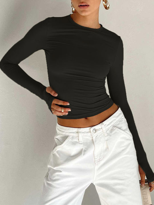 Fashion%20Women%20T-shirt%20Long%20Sleeve%20Crew%20Neck%20Solid%20Slim%20Fit%20Ladies%20Crop%20Top%20with%20Thumb%20Holes%20for%20Daily%20Streetwear%20Summer%20Camis%20-%20Image%205
