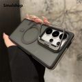 Smalshop For Magsafe Anti-slip Armor Lens Stand Phone Case For Samsung S25 S24 FE S23 Plus S22 Ultra Wireless Charging Black Clear Cover.