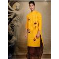 Puja Special Hand Print Yellow Color khadi Cotton Punjabi. 