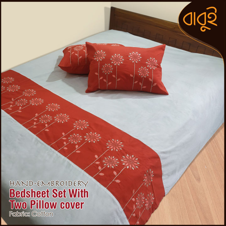 Hand-embroidery%20floral%20motif%20art%20Cotton%20Fabric%207%20Feet%20by%208.5%20Feet%20Double%20King%20Size%20Bedsheet%20Set%20with%20Two%20Pillow%20Covers%20Bed%20Sheet%20-%20Image%202