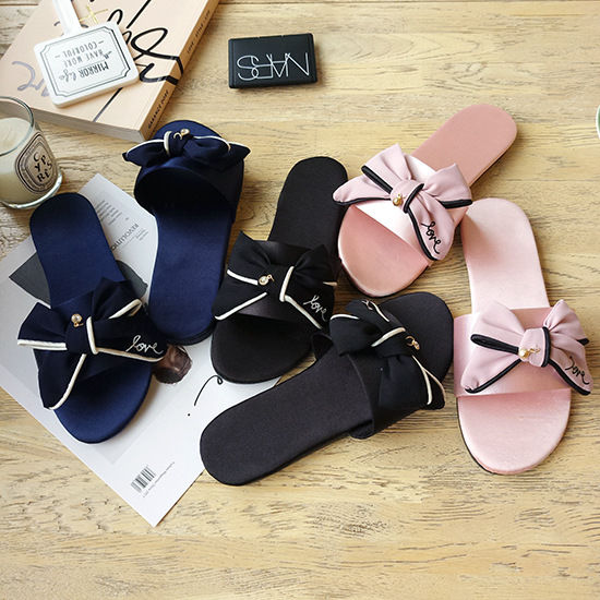 Imitation silk satin one-line candy black LOVE bow sandals sandals women's  shoes flat