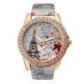 Trendy Women rhinestone Eiffel Tower PU leather quartz Watch.