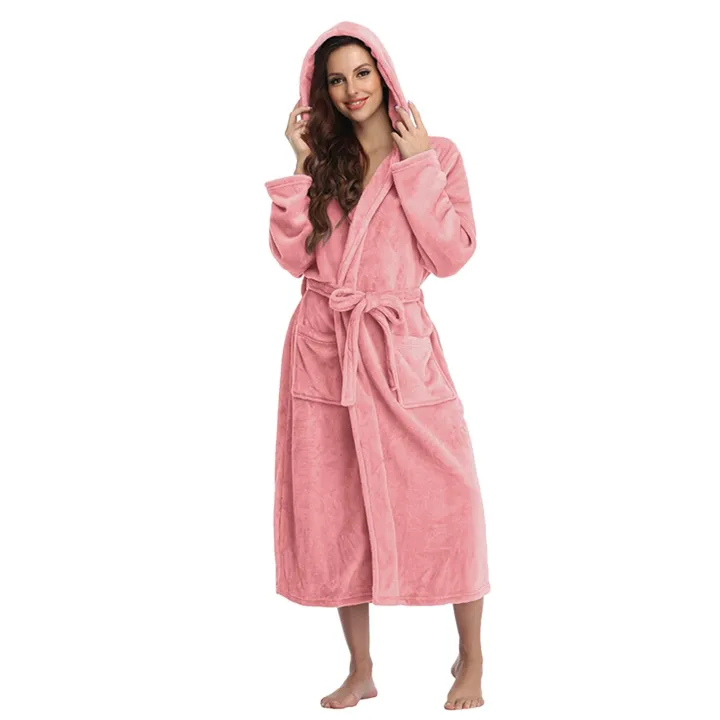 Winter Warm Women Flannel Bathrobe Long Sleepwear Fleece Hooded Bathrobe Solid Flannel Plush Long Robe With Sashes Sleepwear #30