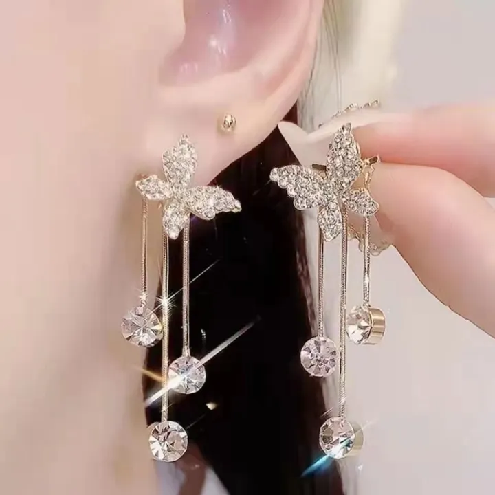 1 Pair Crystal Butterfly Pendant Tassel Earrings for Women Sparkly Rhinestone Dangle Earrings Lightweight Bohemian Long Chain Drop Dangle Butterfly Earrings Party Jewelry Gift