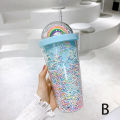 Double Layers Rainbow Plastic Water Bottle With Straw Creative 550ml Mug. 