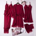 Women 5PCS Chemise Bride Wedding Robe Nightgown Sleepwear Kimono Bathrobe Lingerie Full Slip Lace White Silk Pajamas Set03.