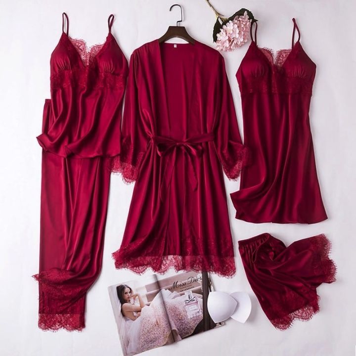 Women 5PCS Chemise Bride Wedding Robe Nightgown Sleepwear Kimono Bathrobe Lingerie Full Slip Lace White Silk Pajamas Set03