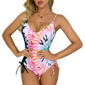 Women's Summer Slim Romper Swimwear Sleeveless V Neck Tie Dye Print Bathing Suit.