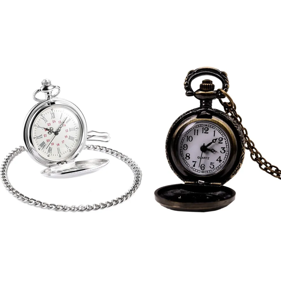 2PCS Watches Vintage Bronze Chain Antique Pocket Watch