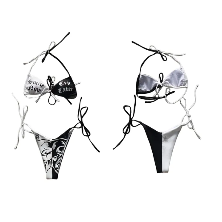 Women's%20Two-Piece%20Bikini,%20Patchwork%20Color%20Tie-Up%20Letter%20Pattern%20Bra%20+%20Printing%20Panties%20Split%20Swimsuit%20-%20Image%207