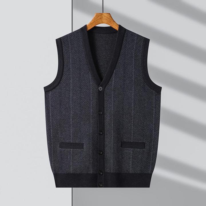 Autumn and Winter Men's New Vest Thickened Vertical Stripes Jacquard Cardigan Vest Casual Simple Men's Knitted Vest