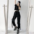 2023 Spring Summer Cargo Women's Pants Punk Black Female Joggers Streetwear Harem Ankle-Length Trousers with chain. 
