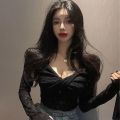 Autumn and Winter New Korean Style Slim-Fit Slimming Temperament V Collar Long Sleeve T T-shirt Women's Sexy Lace Inner Match Bottoming Shirt Trendy Top.