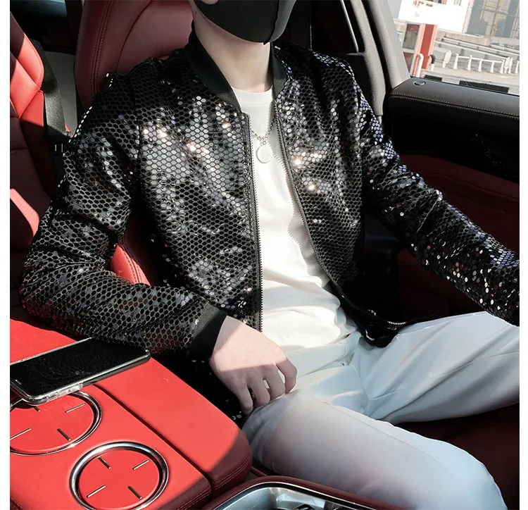 Sequin Diamond Bomber Jackets for Men Silver Plaid Fashion