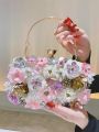 3D Beaded Flower Evening Bag, Elegant Box Clutch Purse, Women's Wedding Handbags For Party Prom. 
