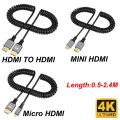 4K@60HZ 0.5-2.4M Micro mini HDMI-Compatible TO HDMI Minihdmi Microhdmi Coiled Extension Flexible Spiral Cable Male to Male Plug. 