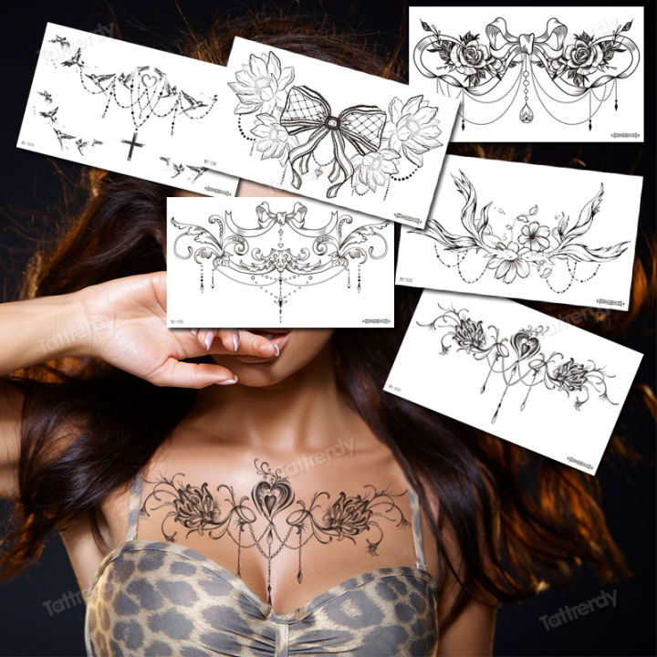 women's tattoos y breast underboob sternum temporary tattoo for women girls body tattoo big black henna lace flowers jewelry