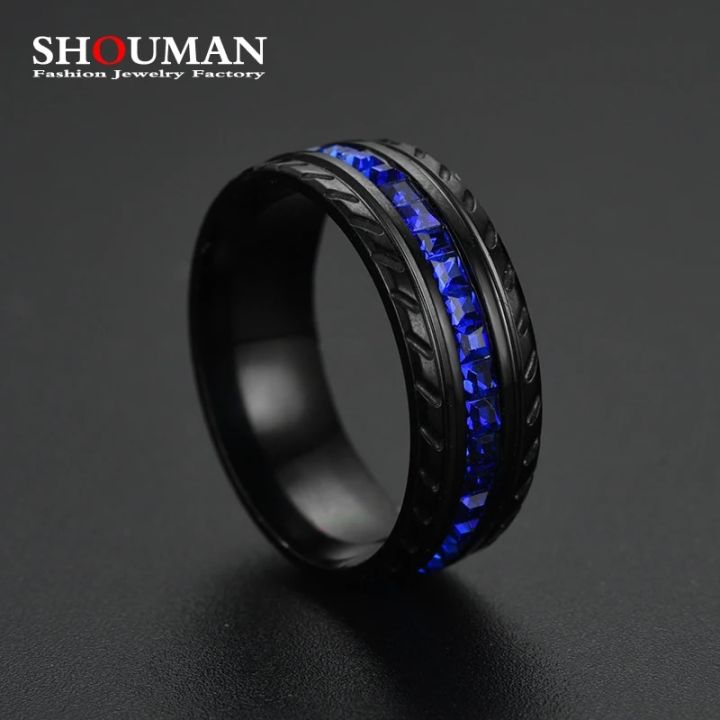 SHOUMAN Black 8mm Wheel Shape Luxury Blue Zircon Titanium Steel Wedding Band Ring for Men Women Lover Wedding Charm Jewelry BruberryBe