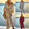 2023 Cover Up Women Bohemian Maxi Long Kimono Tunic Cape Beach Dress Fashion Vintage Sequin Sleeve Cardigan Holiday Party Gold. 