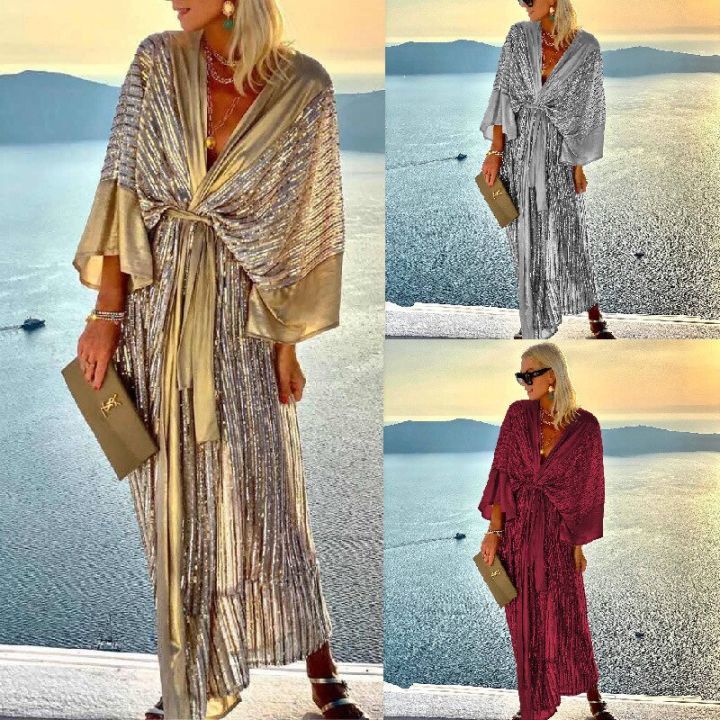 2023%20Cover%20Up%20Women%20Bohemian%20Maxi%20Long%20Kimono%20Tunic%20Cape%20Beach%20Dress%20Fashion%20Vintage%20Sequin%20Sleeve%20Cardigan%20Holiday%20Party%20Gold%20-%20Image%203