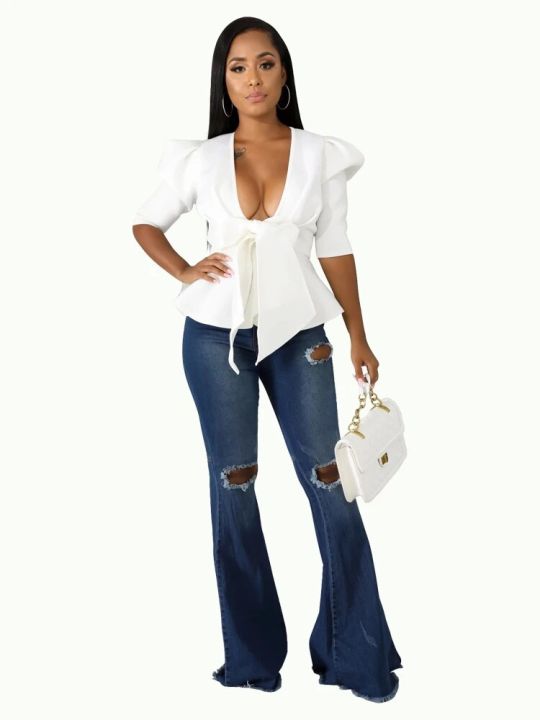 Women%20Peplum%20Blouse%20Tops%20with%20Waist%20Belt%20Bowtie%20Half%20Sleeves%20Deep%20V%20Neck%20Party%20Clubwear%20Night%20Date%20Out%20Evening%20Bluas%20Ladies%20-%20Image%205