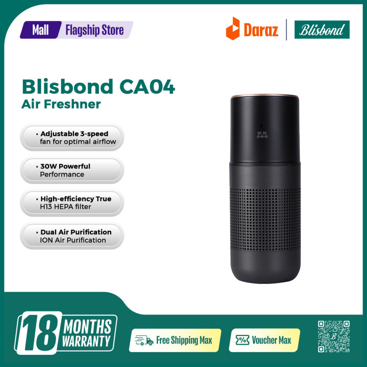 Blisbond CA04 Dual-Effect Car Air Purifier with True H13 HEPA Filter, Negative Ion Technology, 3-Speed Fan and Cup Holder Design