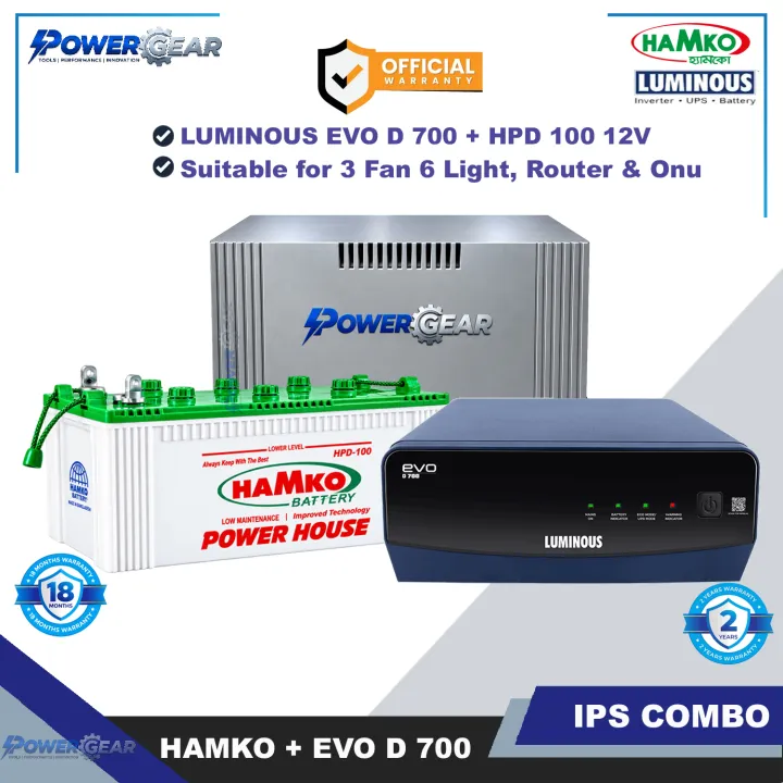 Luminous EVO-D 700 IPS Inverter + HPD-100Ah 12V Lead Acid Battery Combo | Suitable for 3 Fan 6 Light, Router & Onu | 18 Months Battery & 2 Years IPS Warranty (Battery Cover Free)
