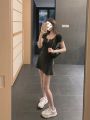 American Washed and Worn Hot Girl Black Dress Summer u Collar Short Sleeve Retro Slim Fit Slimming a Line Skirt Short Skirt Fashion. 