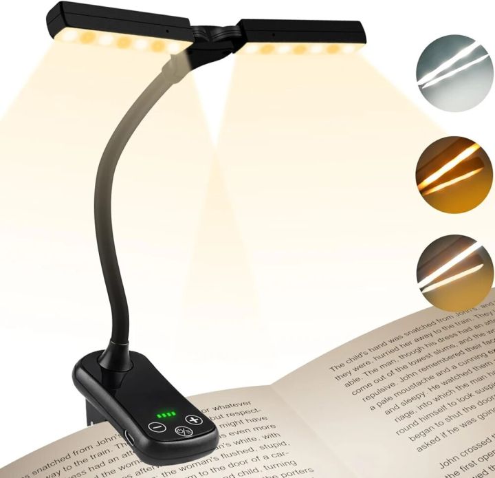 Dual Heads 14 LED Touch Control Reading Light with 3 Colors 8 Brightness USB Rechargeable Eye Care Book Light Clip on Book/Desk