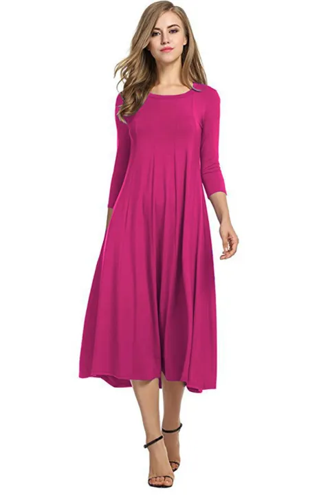Cross-border%20European%20and%20American%20women's%20clothing%202024%20spring%20new%20skirt%20fashion%20casual%20pleated%20three-quarter%20sleeve%20solid%20color%20swing%20dress%20-%20Image%207