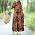 ZANZEA Womens Vintage Cotton Long Sleeve Floral Printed Casual Loose Kaftan Baggy Dress. 