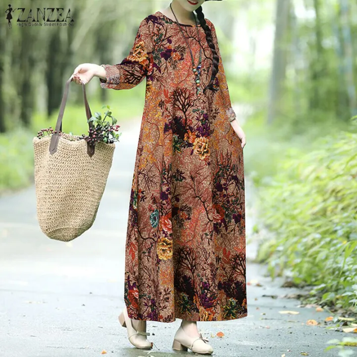 ZANZEA%20Womens%20Vintage%20Cotton%20Long%20Sleeve%20Floral%20Printed%20Casual%20Loose%20Kaftan%20Baggy%20Dress%20-%20Image%204