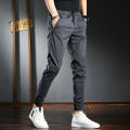 IELGY Elastic Waist Casual Cropped Pants Men's Slim Fit Feet British Art Plaid Men's Pants Gray Pants Thin Pants. 