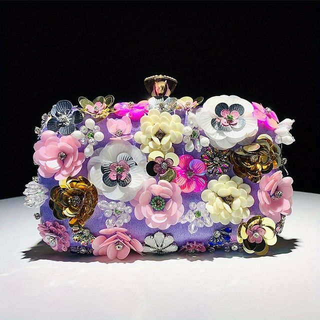 3D Beaded Flower Evening Bag, Elegant Box Clutch Purse, Women's Wedding Handbags For Party Prom