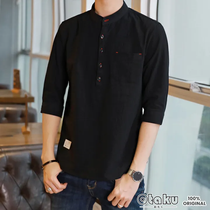 OTAKU%20Polo%20For%20Men%20Cotton%20Linen%20Chinese%20Collar%204/3%20Sleeve%20Men%20Shirt%20Stand%20Collar%20Casual%20Polo%20Shirt%20-%20Image%206