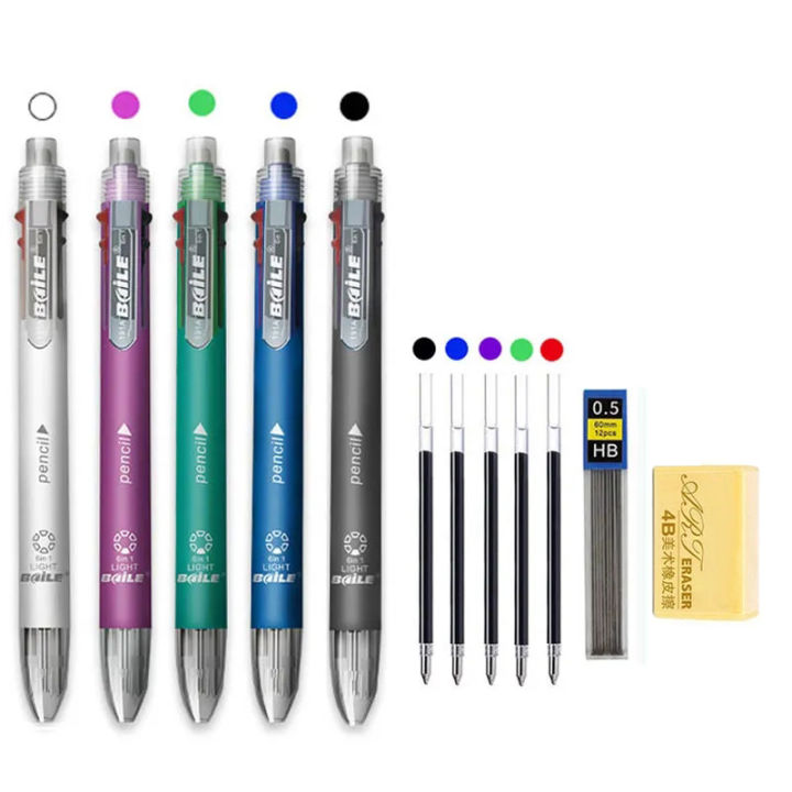 Multicolor Pen 6 in 1 Ballpoint Pen 5 Colors Ball Pens Refill and 0.5mm Mechanical Pencil Lead Office School Korean Stationery Shapewear