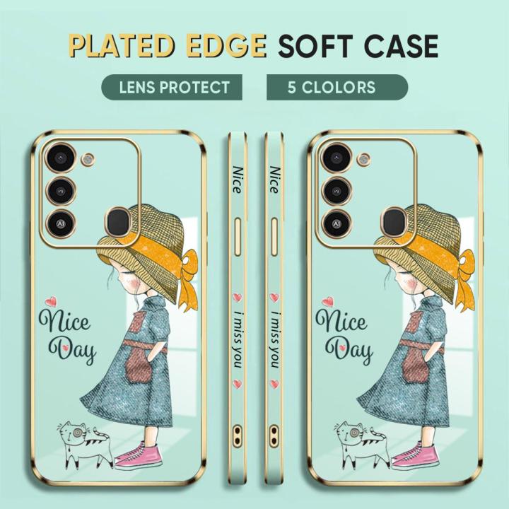 For Tecno Spark 8C Back Cover Luxury 6D Plating Lovly Girl Side Pattern Soft Silicone Square Mobile Phone Case