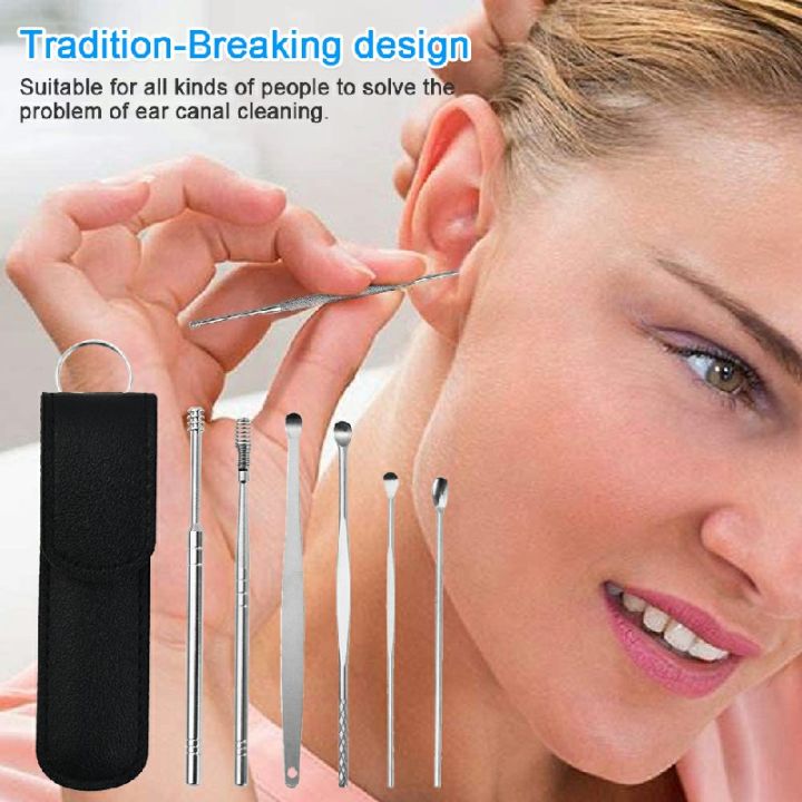 6PCS Ear Pick Set Portable Ear Cleaner Set Stainless Steel With PU Lather Cas