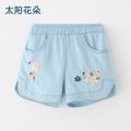 2023 Hot Summer Casual 2 3 4 6 8 10 12Years Children Embroidery Flower Cotton Pocket Denim Blue Shorts For Small Baby Kids Girls.