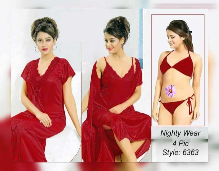 Night%20Dress%20For%20Women%20All%20Season%20Satin%20Fabric%20Sleeveless%20Nightwear%204%20Piece%20Set%20Multiple%20Color%20-%20Image%205