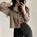Vintage Shirts Women Chic Korean Fashion Simple All-match Long Sleeve Office Lady Tops Clothing Summer Sun-proof Elegant Cropped.