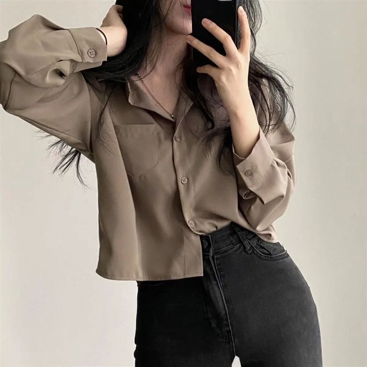 Vintage%20Shirts%20Women%20Chic%20Korean%20Fashion%20Simple%20All-match%20Long%20Sleeve%20Office%20Lady%20Tops%20Clothing%20Summer%20Sun-proof%20Elegant%20Cropped%20-%20Image%202