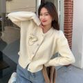 Sweet Elegance round Neck Sweater Cardigan Bow Pearl Pin Design French Style Sweater Coat.